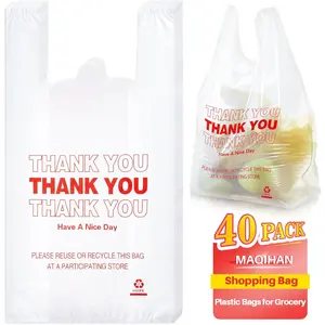 Grocery Bags - 40Count Thank You T-shirt Bags for Grocery Store 11" X 21" Plastic Shopping Bag With Handles Ideal for Supermarket, Home Storage, Kitchen, Office, Large Capacity Reusable