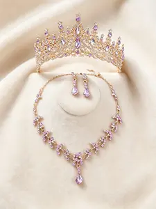 A set of atmospheric purple rhinestone bridal crown Elegant Crown Design Tiara with simple water droplet necklace and earrings, 4-piece wedding accessory set, suitable for weddings, parties and gatherings