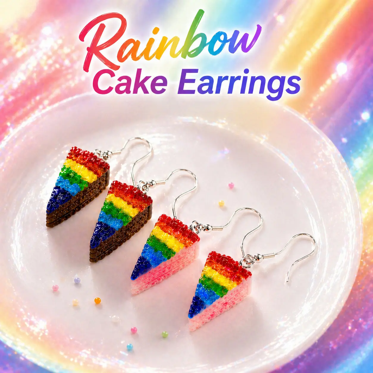 Women's 2-Pair Handmade Rainbow Cake Drop Earrings - Cute Candy Fashion Jewelry, Casual Daily Food-Themed Gifts, Dangling Earrings, Candy Look, No, Colorful Layers, Dangly Earrings, Casual Trendy Jewelry