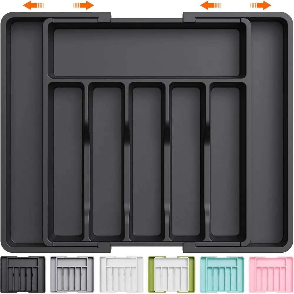 Durable Foldable BPA-Free Plastic Utensil Box - Expandable Multi-Size 13x15x2 Inches Silverware Organizer for Home Storage, Adjustable Kitchen Drawer Holder for Spoons, Forks, Knives