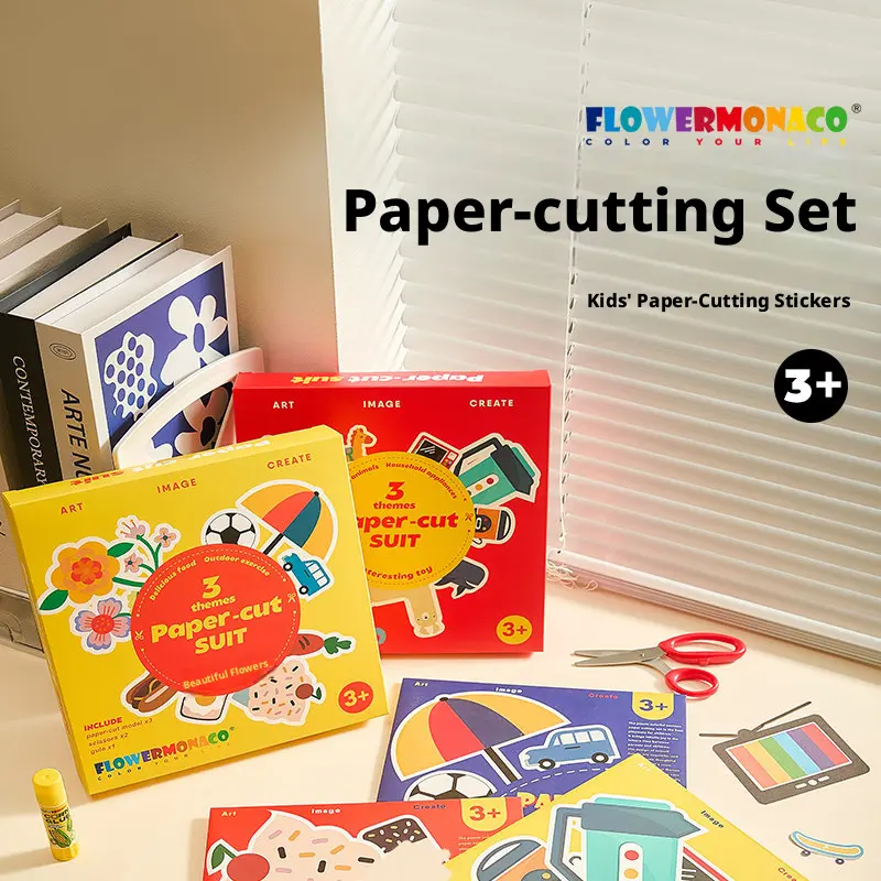 Kids' Paper-Cutting Set - 6 Themes Paper-Cut Suit - Creative Stickers for Children Aged 3+ - Fun Art Activity Kit-Pasting Art Activity Set with Safety Scissors & Blank Background Boards, STEM Educational DIY Paper Toy for Kids,Gift for kids