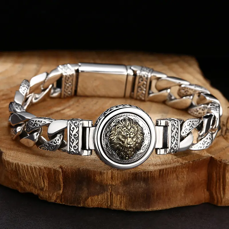 Unisex Chinese-Style Tang Grass Pattern Lion Cuban Chain Bracelet, Vintage Copper Metal Accessory, 1-Piece Multi-Size Costume Jewelry, One-Piece
