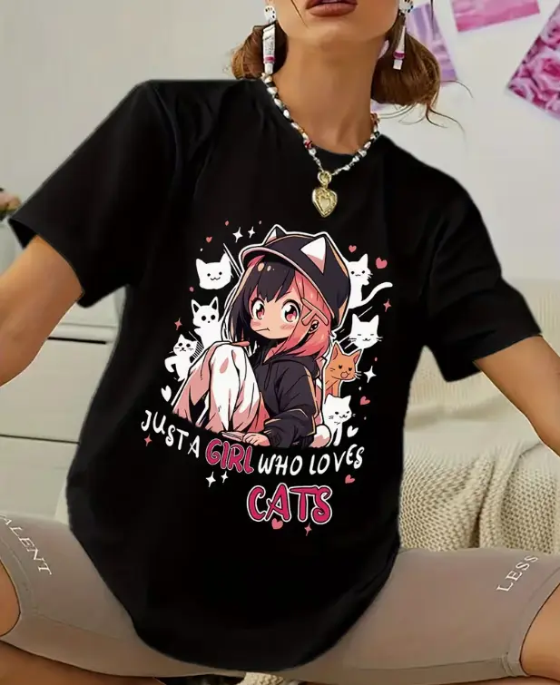Just A Girl Who Loves Cats Anime Girl Kitten Graphic Unisex Tee Kawaii Cartoon Summer Cotton Short Sleeve Heat Transfer Tshirt