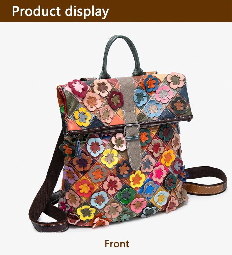Women's Vintage Patchwork Backpack with 3D Flower Applique and Adjustable Straps
