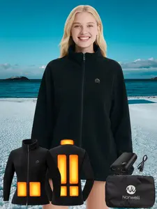 Norwell Women's Fleece Heated Jacket with Battery Pack Waterproof Winter Outdoor Heating Jackets for Women Solid Thermal Lined Zipper Pocket Long Sleeve Thickened Thermal Coat Menswear Casual Tops Men's Designer Clothing Polyester 5 Areas Set Soft Lawn