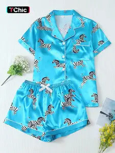 Women's Satin Smooth Zebra Print Sleepwear Set, Plaid Cherry Print, Sweet Lapel Short Sleeve Top with Pocket, Bow Shorts, Casual Homeewear, Loungewear, Pajama, Pjs, Pyjamas