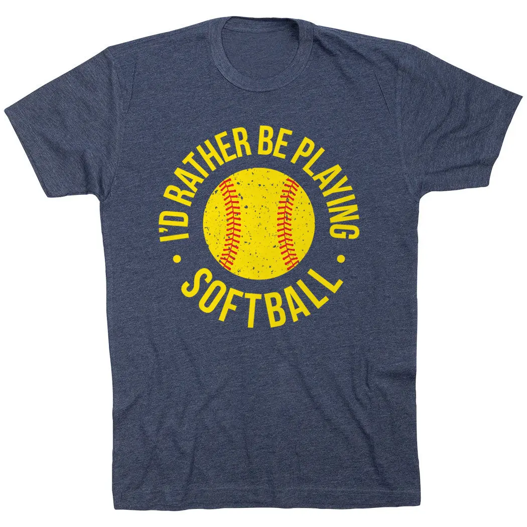 Men's Personalized Casual Short-Sleeve Softball T-Shirt - Distressed "I'd Rather Be Playing Softball" Top, Shortsleeve, Tshirt, Menswear, Round Neck, Personalizable Back