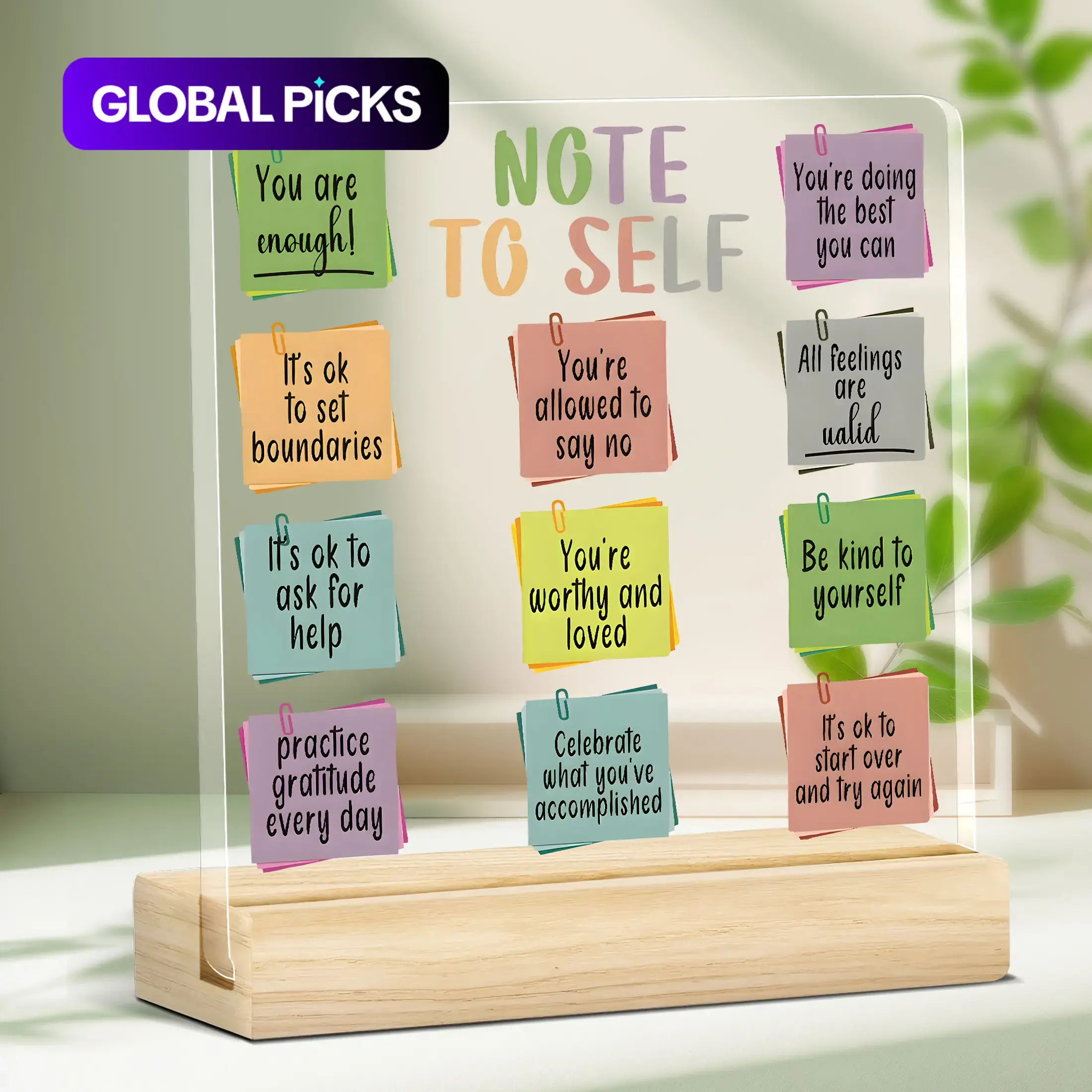 Self Care Acrylic Desktop Plaque with Wood Base, Daily Affirmation Motivational Quote Office Home Decor Desk Decor, Ideal Gift for Women, Teens, Friends on Birthday, Christmas #GLOBAL PICKS