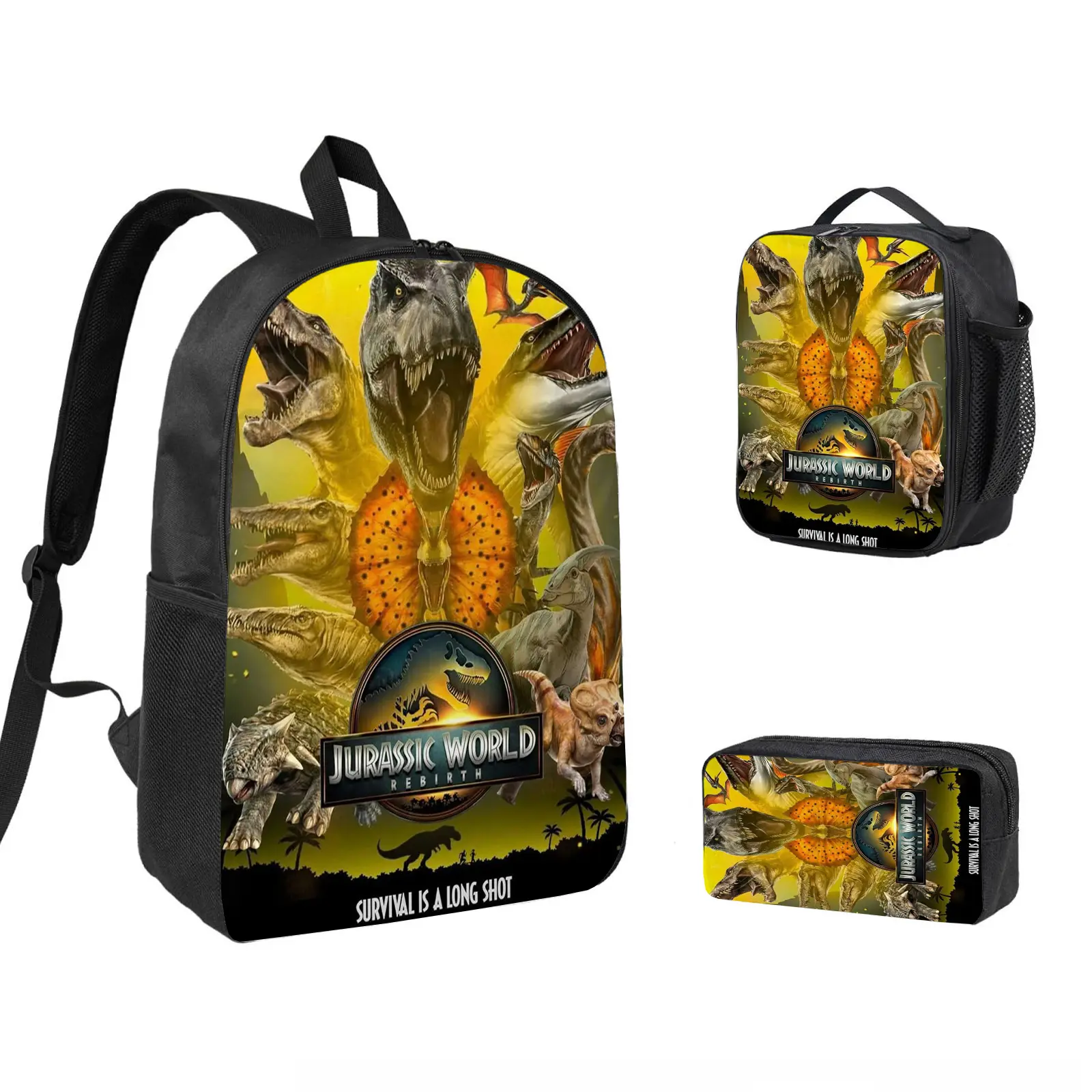 Jurassic Park 3 PCS Backpack Set, Durable School Bookbag with Insulated Lunch Bag & Pencil Case for Teens Boys Girls, Comfortable Travel Daypack Gift for Fans d-130