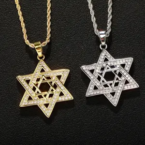 【PANG Jewelry】Fashion Hip Hop Cross-Border Set with Zirconia David Star Pendant for Men - Hexagonal Star Necklace