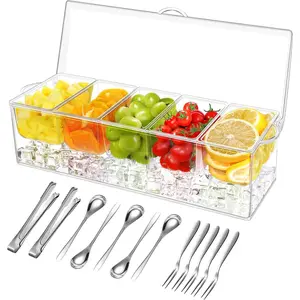5 Compartment Condiment Server, Ice Chilled Condiment Containers with Lid, Clear Condiment Caddy Serving Tray on Ice with 5 Serving Spoons 5 Fruit Forks 2 Serving Tongs