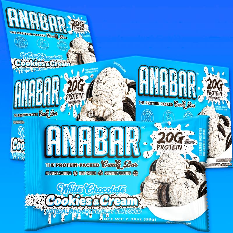 Cookies & Cream Anabar - 12 Pack - Best Tasting Protein Bar With 20g Protein & No Sugar Alcohols. Candy Bar Flavor With Protein Bar Nutrition.