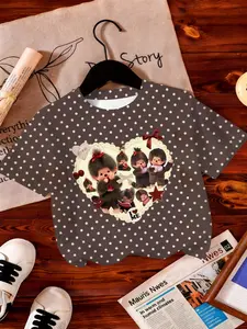 Girls' Fashion Vintage Polka Dot Monchichi Heart T-Shirt, Cartoon Girl Print Summer Short Sleeve, Casual Loose-Fitting Top
