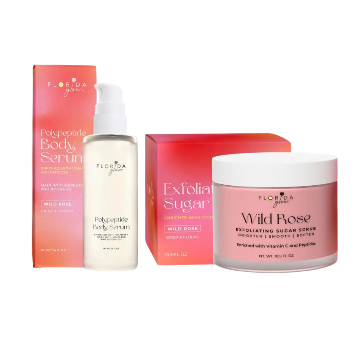 Florida Glow Wild Rose Scrub & Body Oil Duo – Exfoliating Sugar Scrub + Hydrating Body Serum with Vitamin C, Smooth & Glow Skincare Set for Soft Radiant Skin, Rose Scent