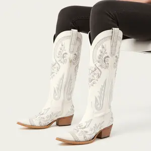 REDTOP Cowgirl Boots Creamy White with Sparkling Rhinestone Embellishments Snip Toe Chunky Heel Fashion Retro Classic Tall Boot for Weddings