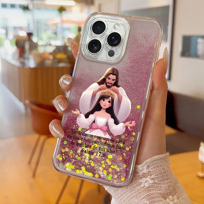 Suitable for [iPhone 16 Pro Max] "Psalm 17:8" themed phone case; a blend of faith and personal style; made from durable silicone featuring flowing liquid and shimmering glitter; offers reliable protection against shocks and drops. JS996