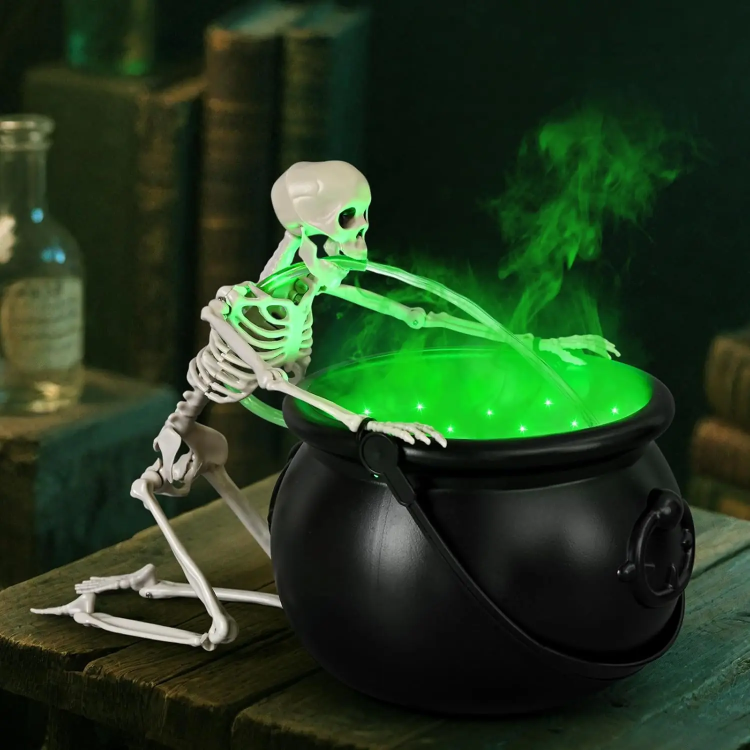 Valentine's Day Gift Decorations Indoor, Cauldron Halloween Decor with Puking Skeleton, Black Plastic Witches Cauldron Fog Maker Mist Diffuser Green Light Water Free DIY Skeleton for Party Home Table Decor