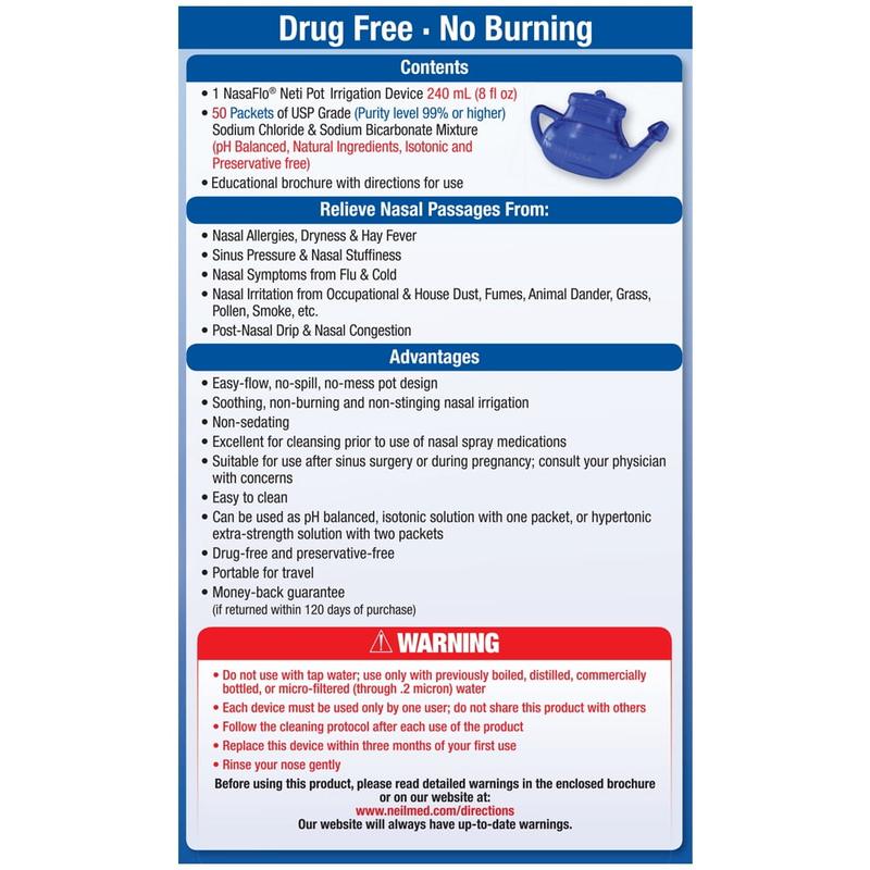Neilmed Nasaflo Neti Pot Nasal Wash System for Adults, 50 Premixed Packets – Allergy, Sinus and Congestion Relief