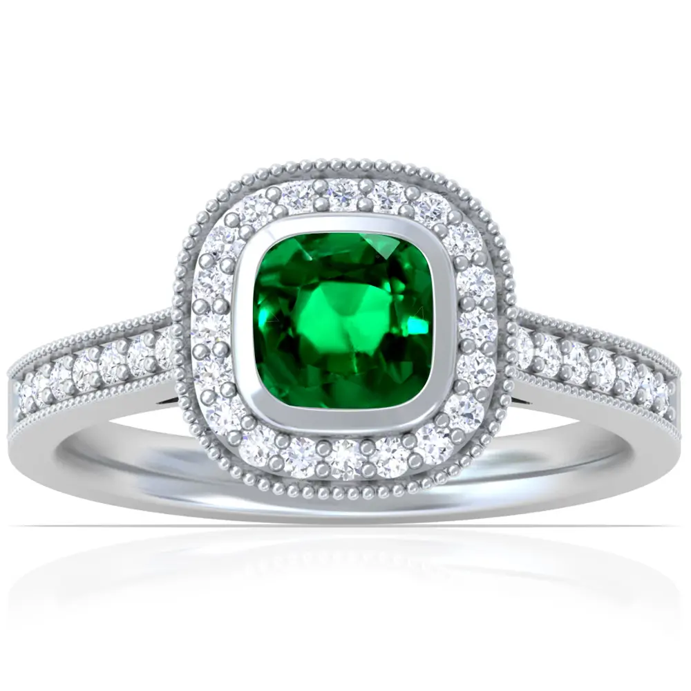 GIA Emerald Cushion and Diamond Halo Ring - (14k White Gold)- R65654REEM