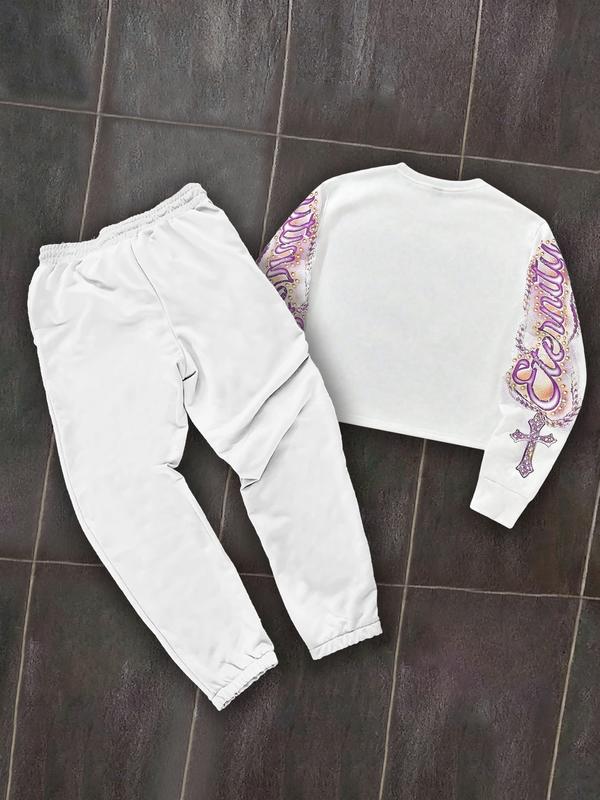 Men's Angel Print Warm Hoodie and Drawstring Waist Sweatpants Set, Casual Fitted Two-Piece, Spring & Fall Fashion