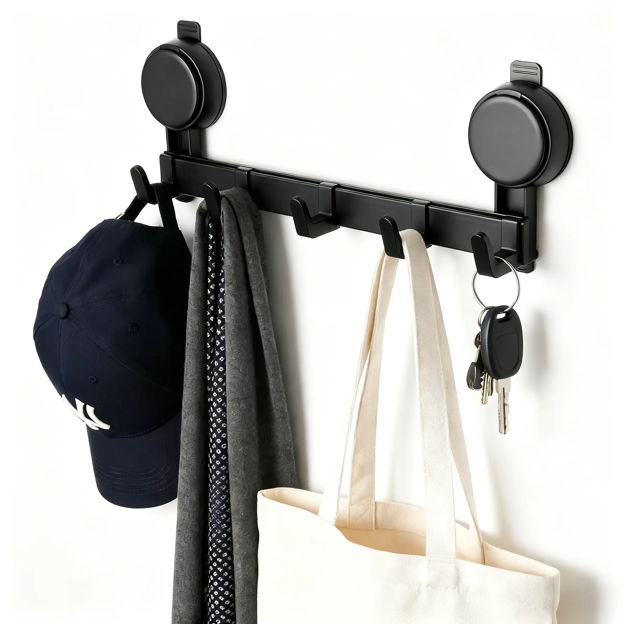 Contemporary 5-Hook Space Aluminum Wall Mount Hook Rack - Strong Suction Cup, No-Drill, Heavy Duty, Rustproof Removable Organizer for Entryway, Bathroom