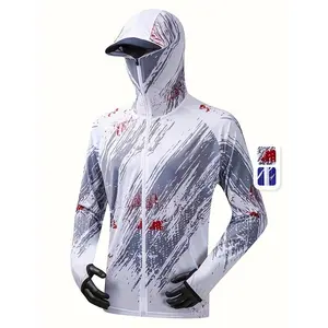 Men's Performance Fishing Jacket - Quick-Dry, Sun Protection, Breathable Polyester, Blue and White Geometric Pattern, Hooded Outdoor Gear with Zipper Pockets, Fishing Gear