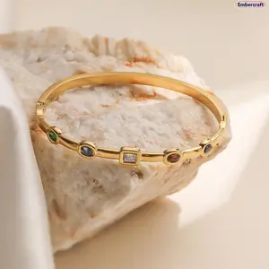 18K Gold Plated Zircon Stainless Steel Bracelet for Women, Minimalist Retro Stackable Bracelet, Elegant Clean Girl Jewelry for Daily Wear, Party, Date & Outfit Styling outdoorfun