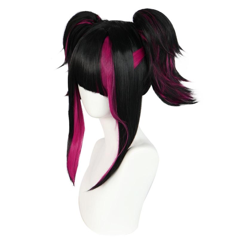 Synthetic Black With Red Double Clip On Ponytails Straight Heat Resistant Han Juri Cosplay Game Anime Character Wig
