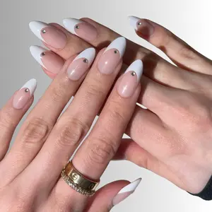 Diamond French Press-On Nails Soft Nude with White Tips & Rhinestone Accents Long Lasting Salon Fresh Finish Glossy Almond Shape Glamour Nails
