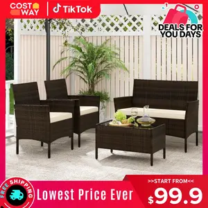 COSTWAY Outdoor Patio Rattan Furniture, 2/3/4 Pieces Sofa Set with Cushions & Coffee Table, Modern Patented Wicker Loveseat-Deals for You Days,4th of july decor, dad gift