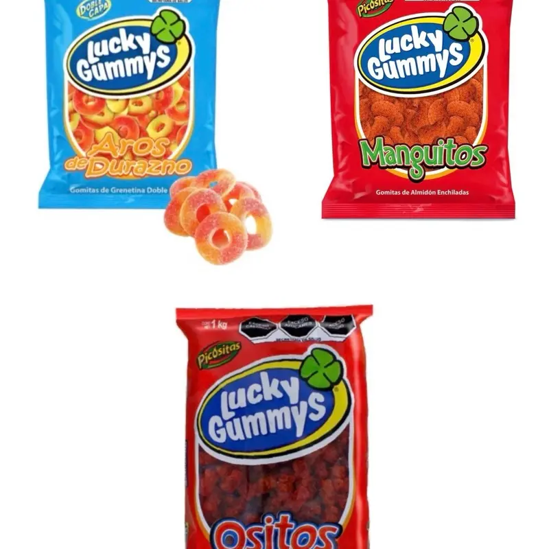 Lucky Gummy’s 1Kg Sabor Aros Durazno, Manguitos, Ositos Enchilados
