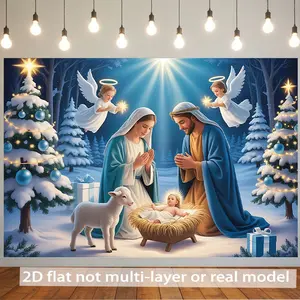 2D Flat, 1pc Large Horizontal Nativity Scene Banner - Mary with Angels & Shepherds, Indoor/Outdoor Christmas Religious Decoration for Weddings, Parties, Church Events - Durable Polyester-like Flat Banner (No Tearing Edges), 2D Flat