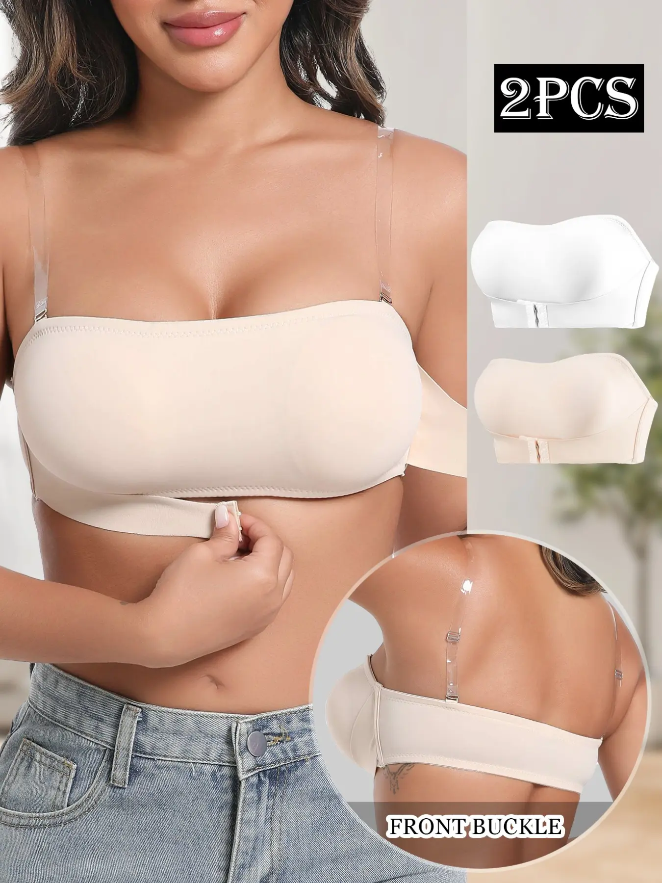 Strapless Invisible Bras, Clear Straps Seamless Non-Slip, Soft Support Push Up, Front Closure, Convertible Straps, Wireless Comfortable Elegant, Solid Color, Match All Outfits