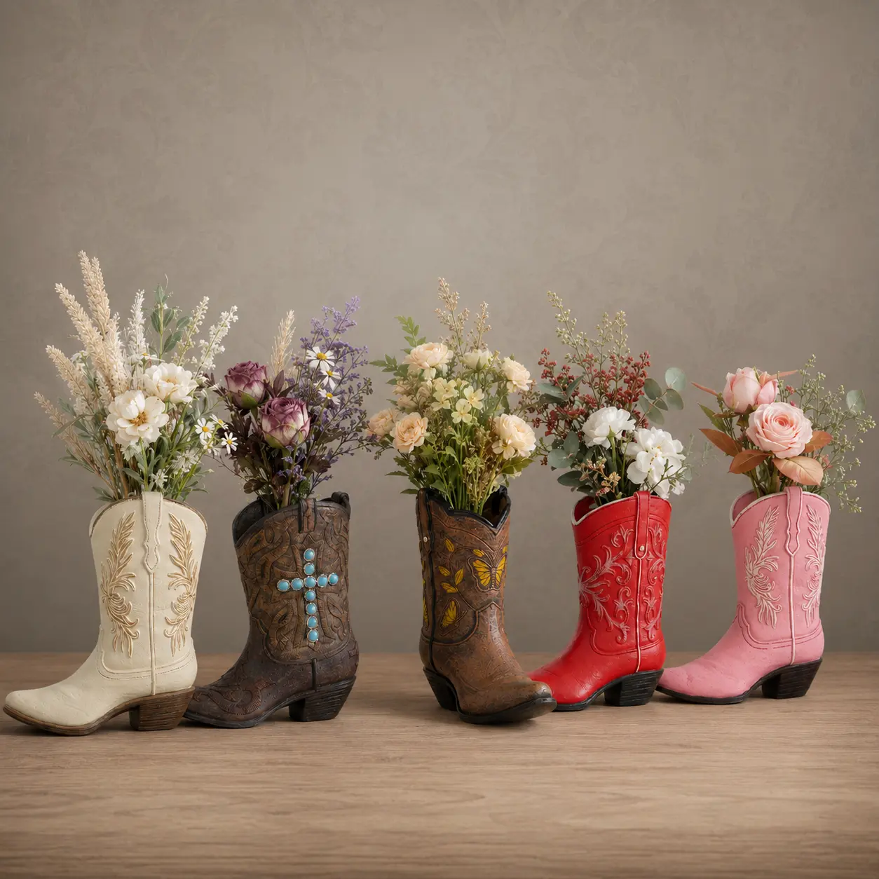 Western Cowboy Boot Vase, Embossed Resin Flower Holder for Dried or Faux Flowers, Rustic Farmhouse Table Decor, Cowgirl Home Accent & Gift