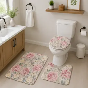 Vintage Peony Floral Bathroom Rug Set 3PCS, Soft Non-Slip Bath Mat, U-Shaped Toilet Rug & Toilet Lid Cover, Romantic Botanical Bathroom Decor, Absorbent Washable Bathroom Floor Mats