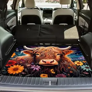 Colorful highland cow and floral pattern design, multifunctional car trunk pad, polyester fiber material, trunk decorative pad, car carpet, Car Accessories, durable, easy to clean, protecting the car from wear and tear, compatible with most car models