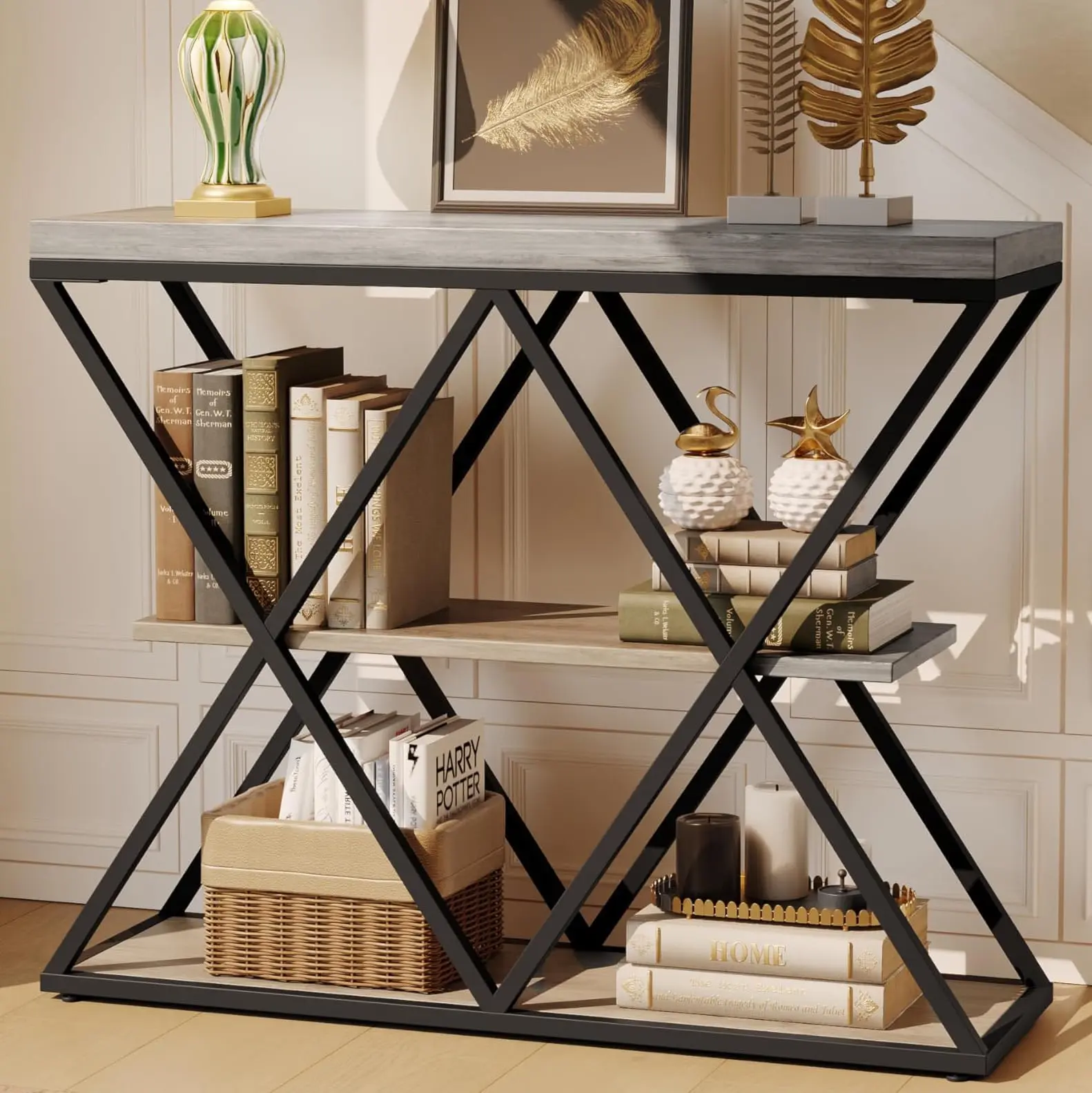 3-Tier Entrance Table, Industrial Side Table for Sofa, Narrow Console for Hallway or Entrance Hall, TV Stand, Decorative Furniture for Living Room, Entrance, Thick Wooden Top, Metal Frame (Grey).