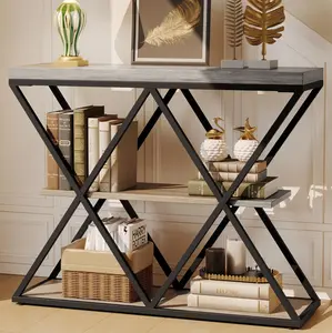 3-Tier Entrance Table, Industrial Side Table for Sofa, Narrow Console for Hallway or Entrance Hall, TV Stand, Decorative Furniture for Living Room, Entrance, Thick Wooden Top, Metal Frame (Grey).