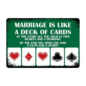 1pc Vintage Metal Sign - "Marriageis Like A Deck Of Cards" Wall Art Decorative Signs & Plaques With Poker Cards Design For Cafe, Bar, Man Cave, Home, Bedroom, Living Room, Garage, Pub Heart Plaque
