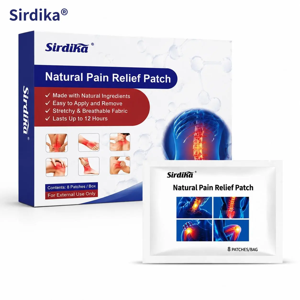 Sirdika Flexible Comfort Patches, 8 Count - Breathable Adhesive Patches for Back, Neck, Shoulders and Knees