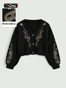 Women's V Neck Gothic Punk Style Plant Snake Embroidery Sweater, Casual Loose-Fit Short Knitted Cardigan, All Seasons Moderate Fabric, Outerwear, Trendy, Versatile, Comfort, Wear, Outfit, Essential, Chic