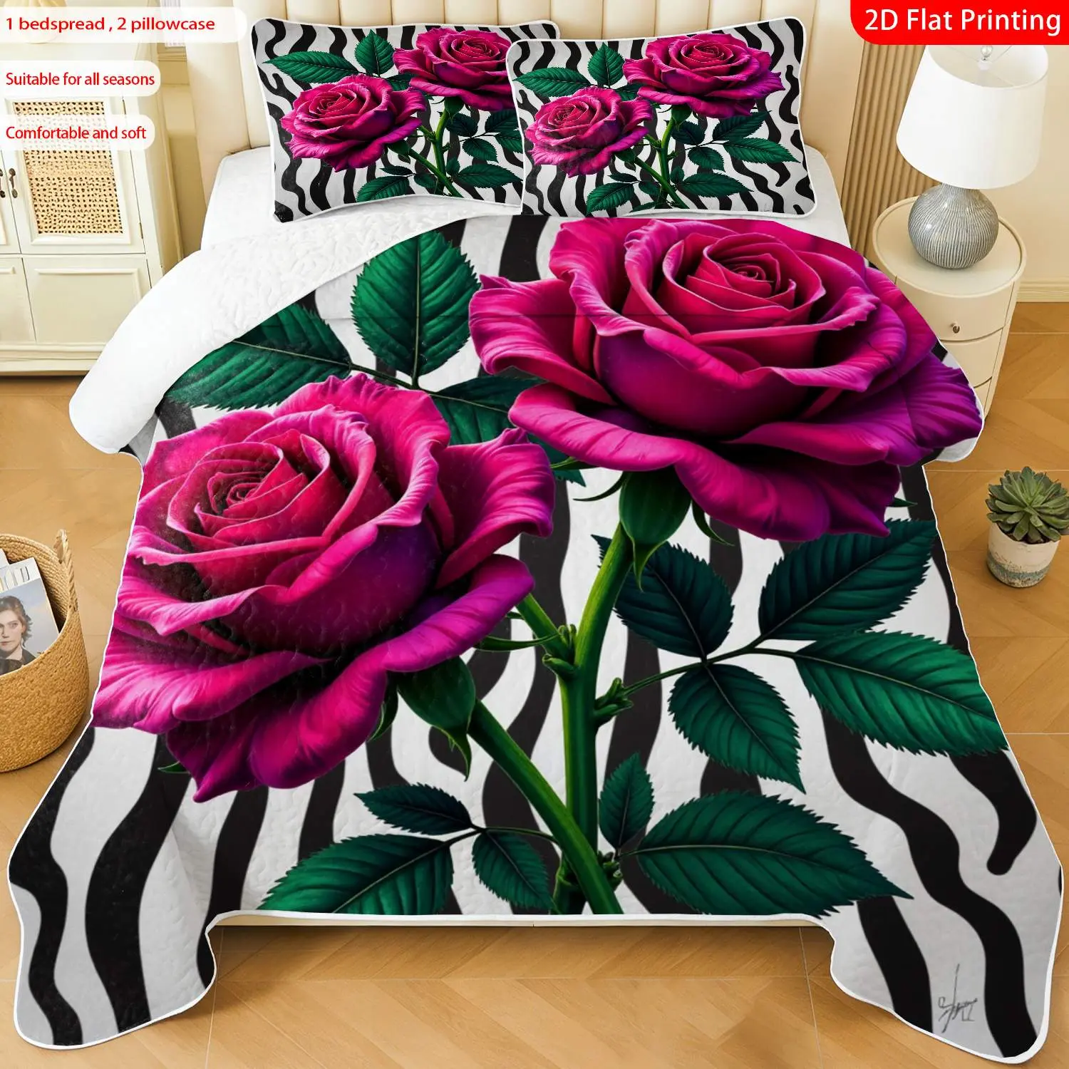 3 pcs, 2D Flat Print Pink Rose with Zebra Stripes Pattern Bedspread Set, Soft and Comfortable, Multiple Sizes Available, Suitable for Gifting and Daily Use, Ideal for Creating a Cozy Home Atmosphere(1 bedspread , 2 pillowcases)
