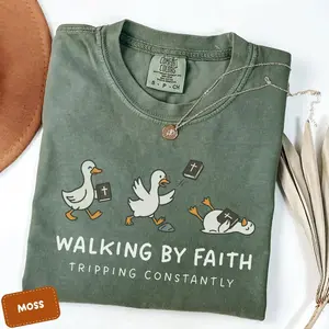 Comfort Colors Funny Christian Shirt, Walking By Faith Tripping Constantly, Goose Bible Verse Tee, Religious Humor Gift For Friend - TrendWear USA