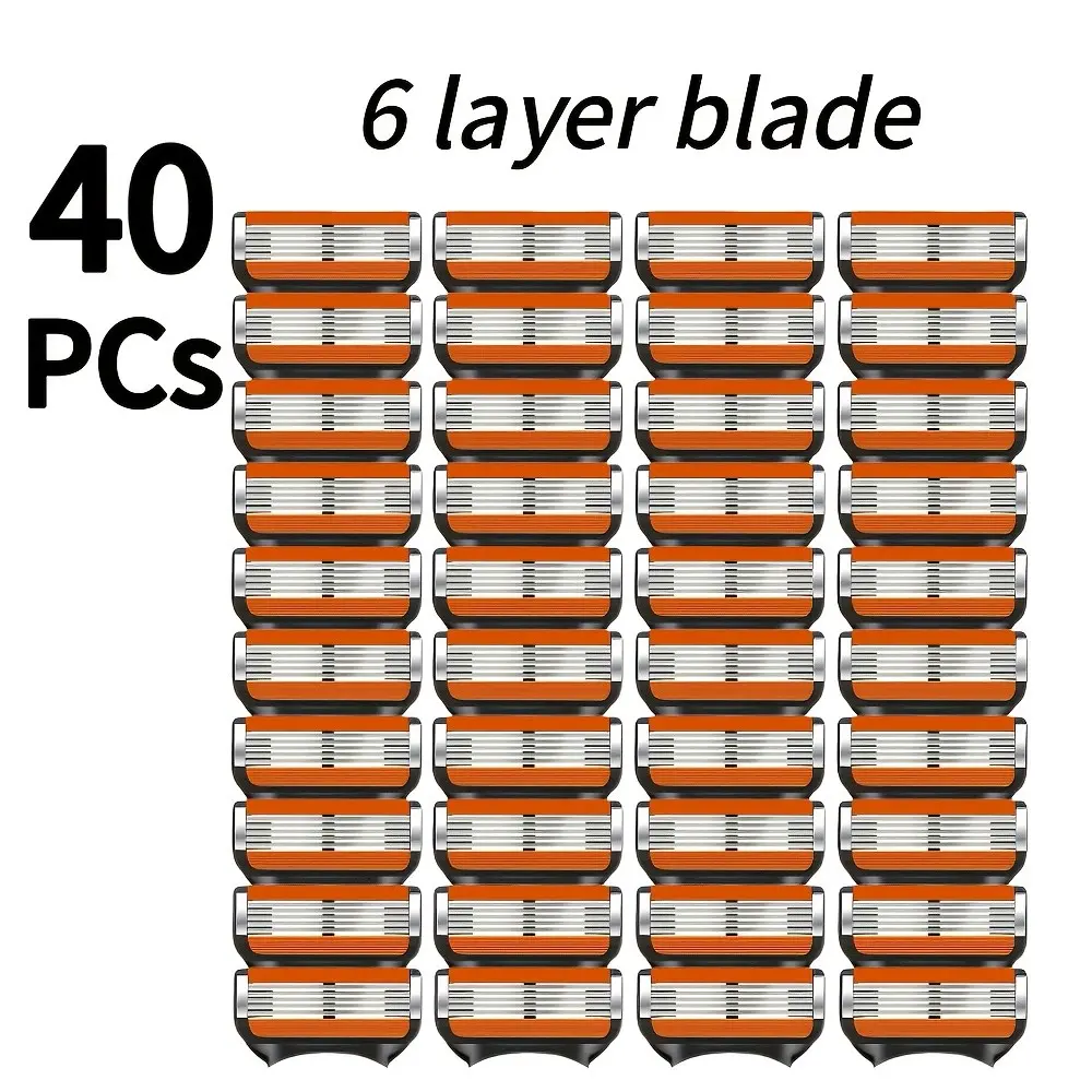 40pcs, Men's High-quality Durable Stainless Steel Blade Replacement Part, 6-layer Blade Safety Shaver, Reusable, Interchangeable Blades, Smooth and Comfortable Shaving Without Residue, Hair Removal, Men's Facial Care Tools