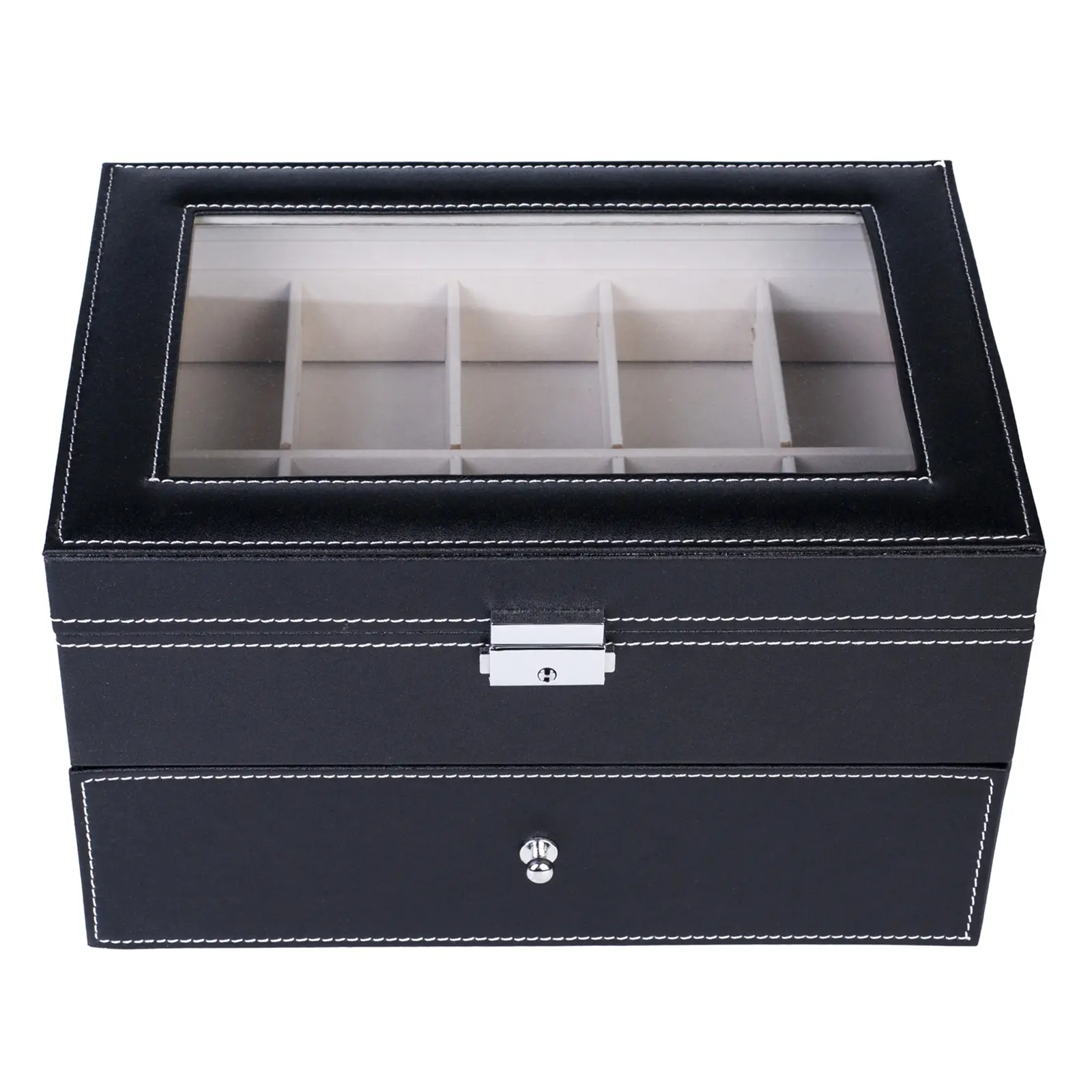 Classical Minimal Wooden Watch Storage Box, 20-Compartment Dual-Layer Wood PU Leather Rectangular Home Organizer (Black), Rectangular Box
