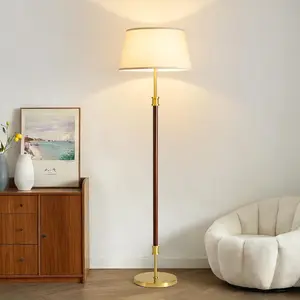 Modern Mid Century Wood Floor Lamp with Soft Linen Shade, 63" Tall Solid Wood & Brass Standing Lamp, Weighted Base, Warm Ambient Light for Living Room, Bedroom & Reading Corners (Solid Wood & Gold)