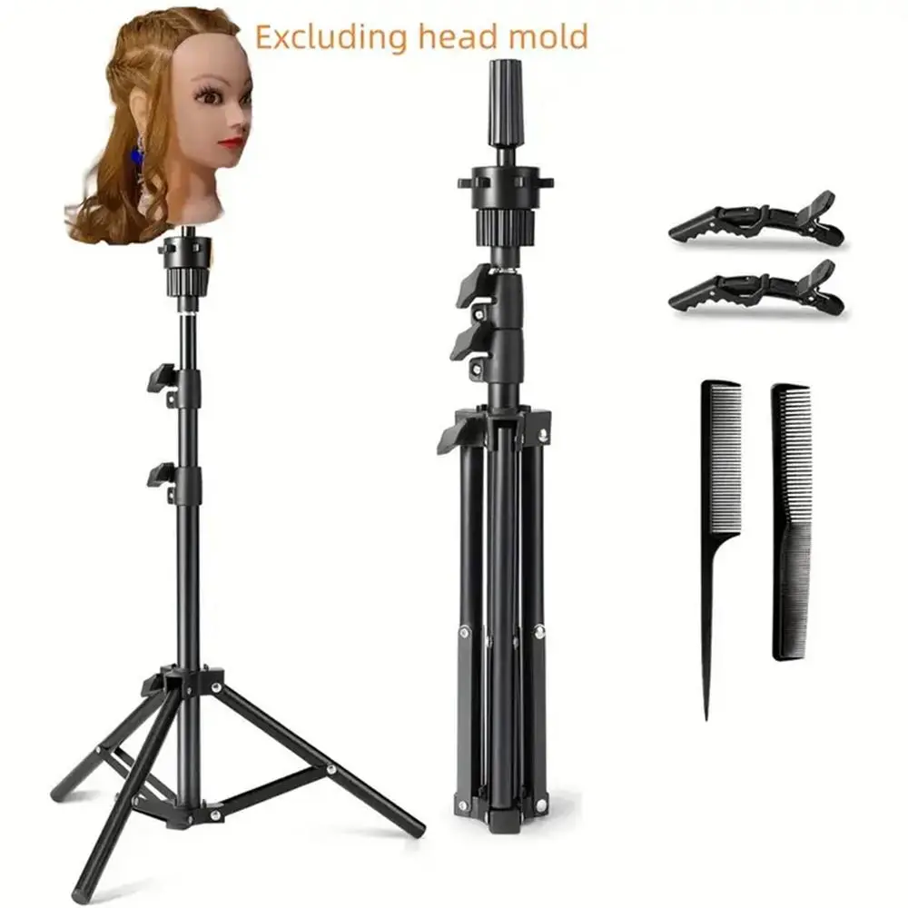 Adjustable Wig Stand Tripod, Reinforced Steel Bar Wig Holder with Combs and Clips, Portable Mannequin Head Holder for Cosmetology Hairdressing Training (Mannequin Head Not Included) Wig Tripod Set