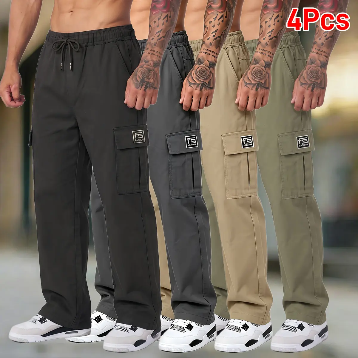 Men's Loose Fit Cargo Pants 4-Pack - Elastic Waistband, Multiple Pockets, for Outdoor Hiking, Commuting, Menswear,clothes for back to school,first day of school outfits