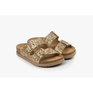 Siena II by LEON– Women’s Leather Sandal- Glitter Double Buckle Slip-on with Cushioned Footbed