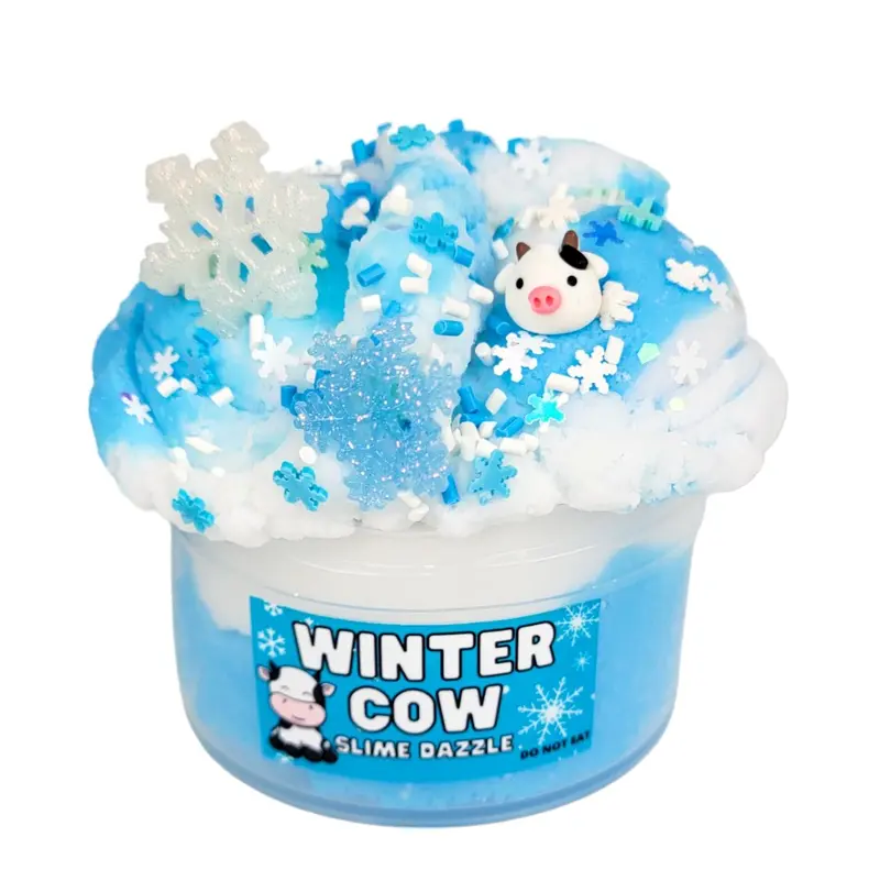 Winter Cow Cloud Slime – White & Blue Drizzly Slime with Vanilla Marshmallow Scent, Cow & Snowflake Charms, Sprinkles – Beginner Friendly Fluffy Slime
